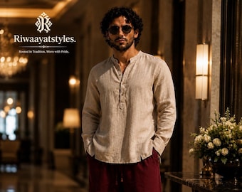 Kurzes Leinen-Kurta für Herren, Hemd mit Stehkragen, lässige Leinentunika, sommerliches Strandhemd, indisches Ethno-Top, Kurta mit lockerer Passform