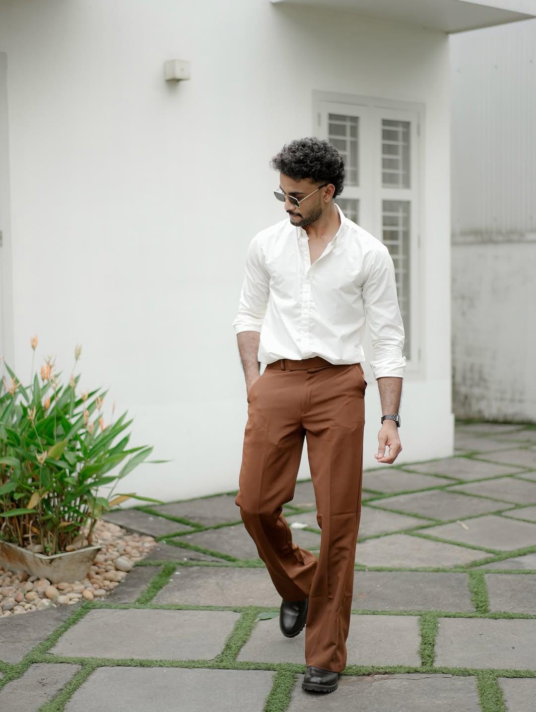 Men's White Cotton Shirt with Brown Trousers