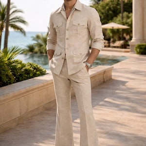 Men's Linen Safari Suit | Beige Utility Outfit | Lightweight Summer Co-ord Set image 2