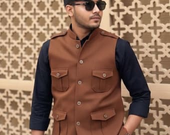 Men's Brown Nehru Jacket, Indian Wedding Vest, Safari Style