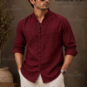 Men’s Maroon Linen Shirt with Loop Button Closure, Mandarin Collar Shirt, Band Collar Casual Shirt, Indian Wedding & Festive Wear