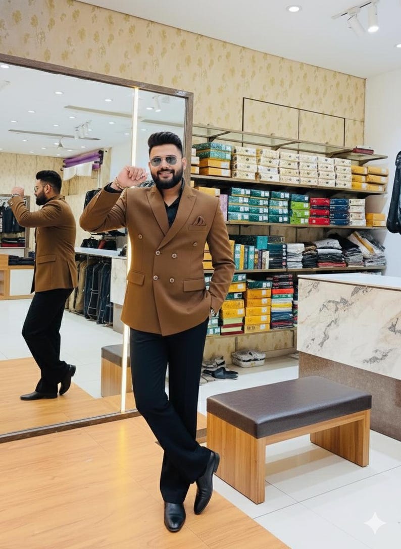 Pode incluir: Um blazer castanho de abotoamento duplo, camisa preta e cal&ccedil;as pretas. O blazer tem duas fileiras de bot&otilde;es e um len&ccedil;o de bolso. A pessoa est&aacute; a usar sapatos pretos. Ao fundo, prateleiras com roupa e acess&oacute;rios.