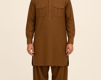 Brown Cotton Blend Pathani Kurta Shalwar: Pakistani Indian Ethnic Wear