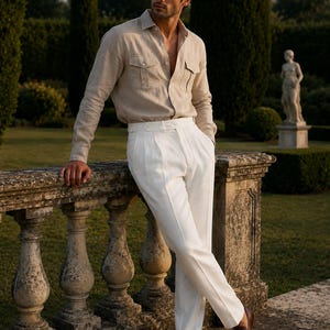 Men's Beige Linen Blend Shirt & White Pleated Trousers Set | Italian Style Summer Outfit