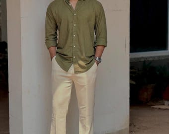 Men's Olive Green Shirt & Cream Trousers | Two-Piece Outfit