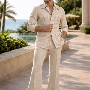 Men's Linen Safari Suit | Beige Utility Outfit | Lightweight Summer Co-ord Set image 1