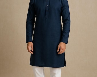 Conjunto de Kurta e Pijama Masculino Azul Marinho: Roupa Étnica Indiana em Mistura de Algodão e Linho