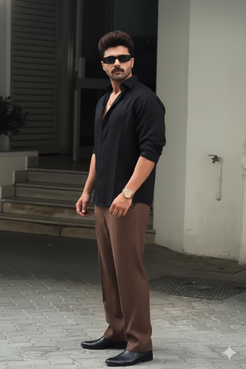 black dress shirt brown pants Men's Black Shirt and Brown Trousers Set: Classic Cotton Blend Outfit
