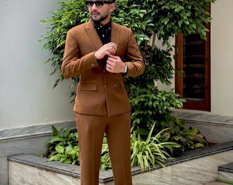 Camel Brown Lachka Suit: Custom Tailored Double Breasted Blazer