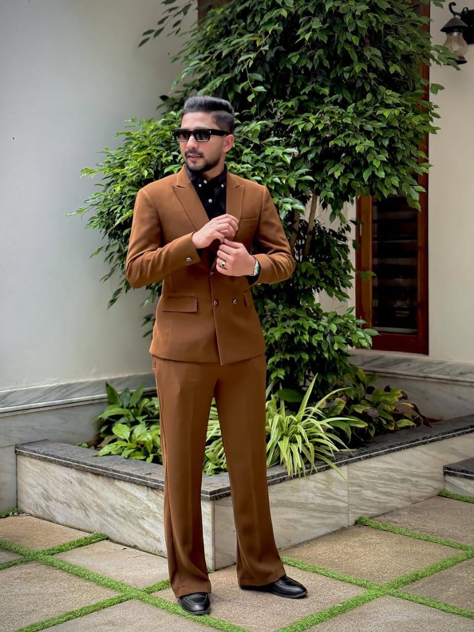 Camel Brown Lachka Suit: Custom Tailored Double Breasted Blazer