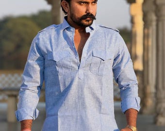 Men's Light Blue Cotton Kurta Shirt | Handmade Indian Tunic