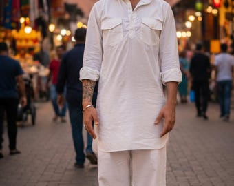 Conjunto de kurta pijama de algodón blanco para hombre / Ropa étnica estilo Pathani