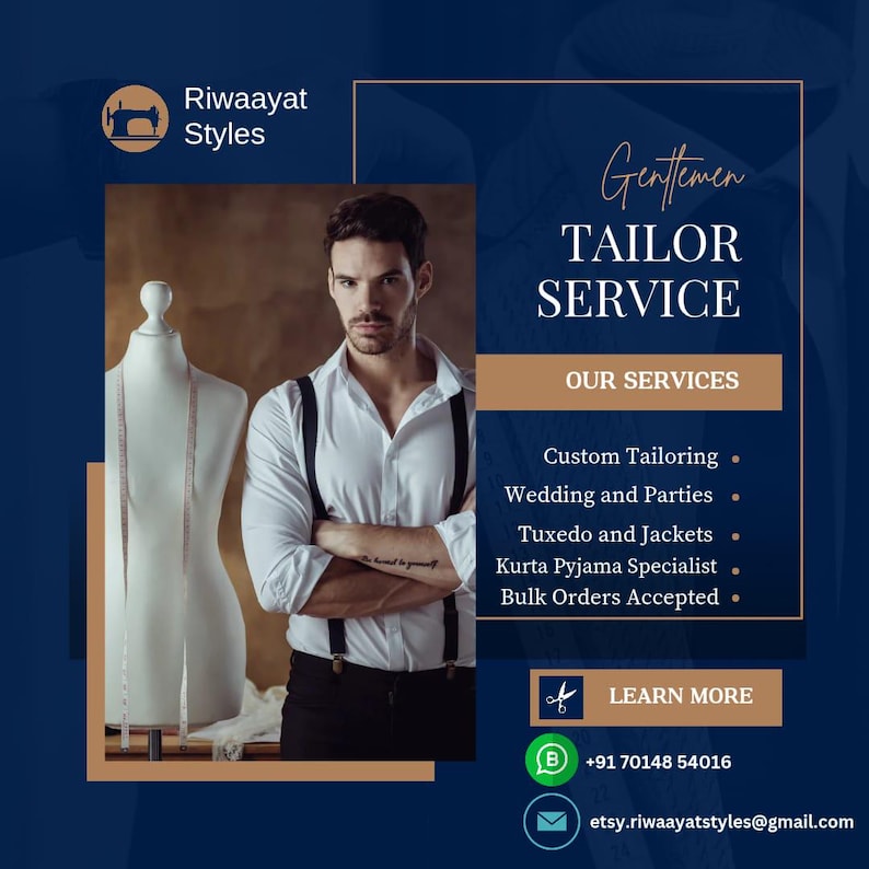 May include: An advertisement for Riwaayat Styles, a tailor service. The image features a man in a white shirt and suspenders, a mannequin with a measuring tape, and text that reads "Gentlemen Tailor Service."