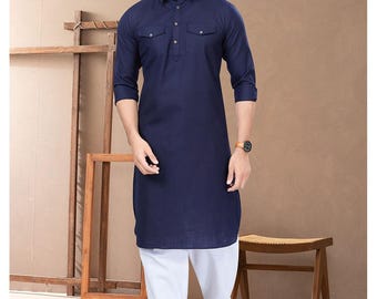 Men's Navy Blue Cotton Kurta Pajama Set: Indian Wedding Outfit.