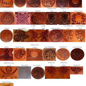 May include: A collection of intricately carved leather designs. The designs include a buffalo silhouette, Celtic knots, dragons, horses, owls, and various crests. The color is a warm brown, showcasing the detailed craftsmanship.