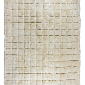 Grid Patterned Hand-knotted Tulu Rug for Modern Home Decor. All Wool. Cream Color Checkered Design Carpet. Custom Options Available. RD924