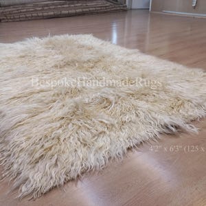 Handmade Shag Pile Rug Made of Natural Beige Mohair Wool. Custom Options Available. RD851