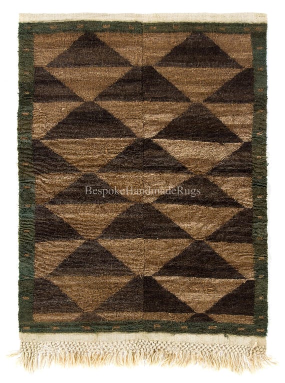 Moroccan Berber Style Tulu Rug, 100% Natural Wool. Hand-knotted Beni Ourain Carpet. Custom Options Available. Brown and Green Colors. RD988