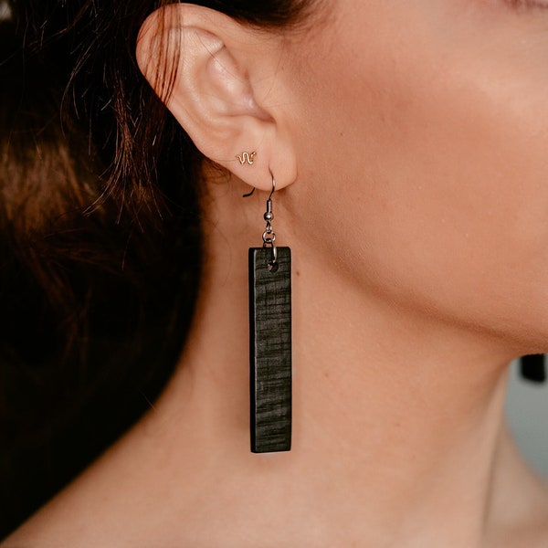 African Black Wood Long Rectangular Earrings, Rustic Earrings, Natural Earrings, Womens Wood Earrings, Boho Earrings, Matte Black Earrings