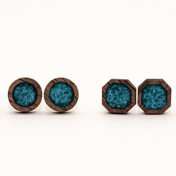 Ocean Blue and Dark Wood Stud Earrings, Men's Blue Stud Earrings, Men's Wood Post Earrings, Blue Wood Stud Earrings, Ocean Stud Earring