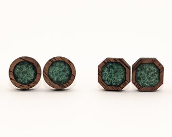 Jade Green and Dark Wood Stud Earrings, Men's Green Stud Earrings, Men's Wood Post Earrings, Women's Green Stud Earrings, Jade Stud Earring