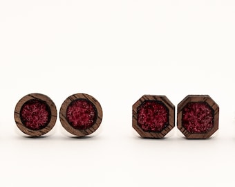 Merlot and Wood Stud Earrings, Stud Earrings, Wood Studs, Pink Wood Studs, Wood Earrings, Men's Stud Earrings, Women's Stud Earrings