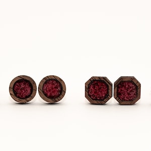 Merlot and Wood Stud Earrings, Stud Earrings, Wood Studs, Pink Wood Studs, Wood Earrings, Men&#39;s Stud Earrings, Women&#39;s Stud Earrings