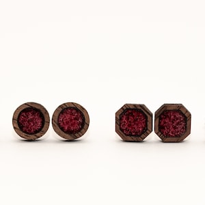 Merlot and Wood Stud Earrings, Stud Earrings, Wood Studs, Pink Wood Studs, Wood Earrings, Men's Stud Earrings, Women's Stud Earrings