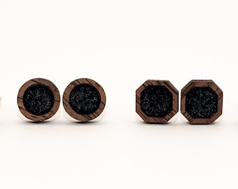 Black Onyx and Wood Stud Earrings
