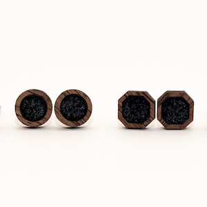 Black Onyx and Wood Stud Earrings, Matte Black Wooden Post Earrings, Matte Black Post Earrings, Women&#39;s Black Studs, Men&#39;s Stud Earrings