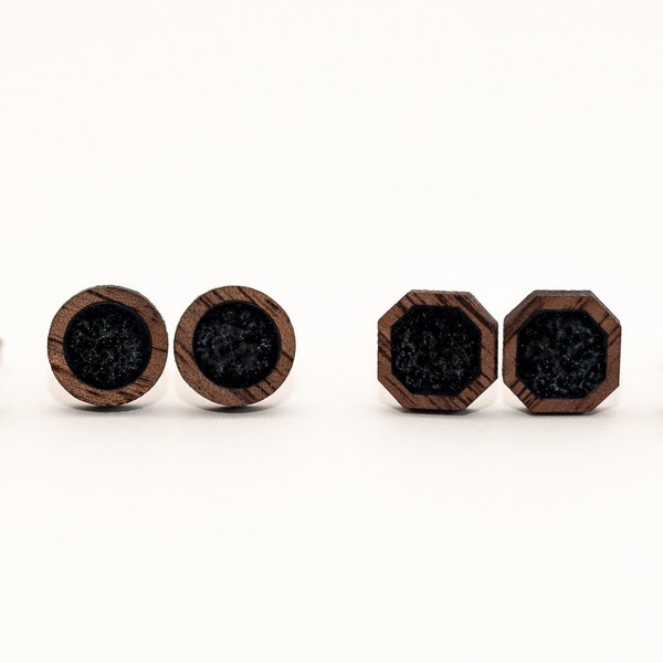 Black Onyx and Wood Stud Earrings, Matte Black Wooden Post Earrings, Matte Black Post Earrings, Women's Black Studs, Men's Stud Earrings