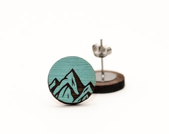 Teal Mountain Wood Stud Earrings, Mountain Stud Earrings, Wood Stud Earrings, Wooden Studs, Wooden Earrings for Women or men