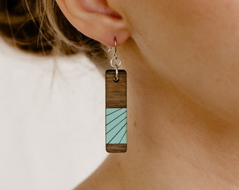 Teal Wood Dangle Earrings, Earrings for Women, women’s Turquoise earrings, Long Geometric Dangles, Women's Dangles, Wood Earrings Dangling