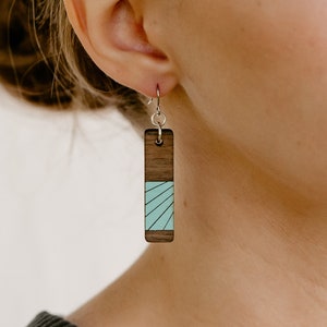 Teal Wood Dangle Earrings, Earrings for Women, women’s Turquoise earrings, Long Geometric Dangles, Women's Dangles, Wood Earrings Dangling