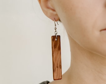 Redwood Burl Rectangular Wood Dangle Earrings, Rustic Earrings, Natural Earrings, Womens Wood Earrings, Boho Earrings, Wooden Earrings