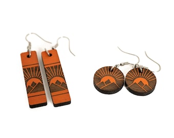 Sunrise Over Mountains Painted Wood Dangle Earrings