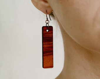 Wood Dangle Earrings, Red Heart Wood, Rustic Earrings, Natural Dangle Earrings, Matte Finish Earrings, Boho Earrings, Wooden Earrings