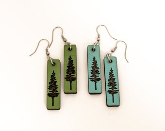 Teal Tree Rectangular Wood Dangle Earrings