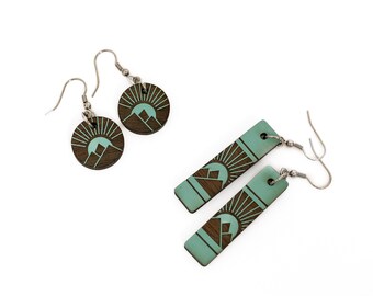 Painted Wood Dangle Earrings, Earrings for Women, Teal Wood, Mountain Wood Earrings, Women's Dangles, Wood Earrings Dangling