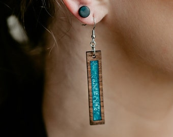 Teal Resin and  Wood Rectangular Earrings