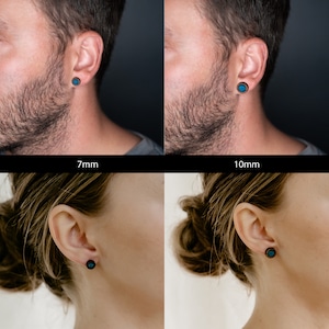 May include: Two pairs of earrings with a blue stone inlay. The earrings are shown on two different models, one with 7mm earrings and the other with 10mm earrings.