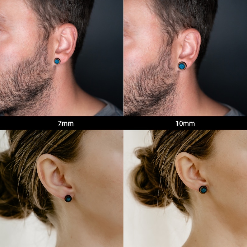 May include: Two pairs of earrings with a blue stone inlay. The earrings are shown on two different models, one with 7mm earrings and the other with 10mm earrings.