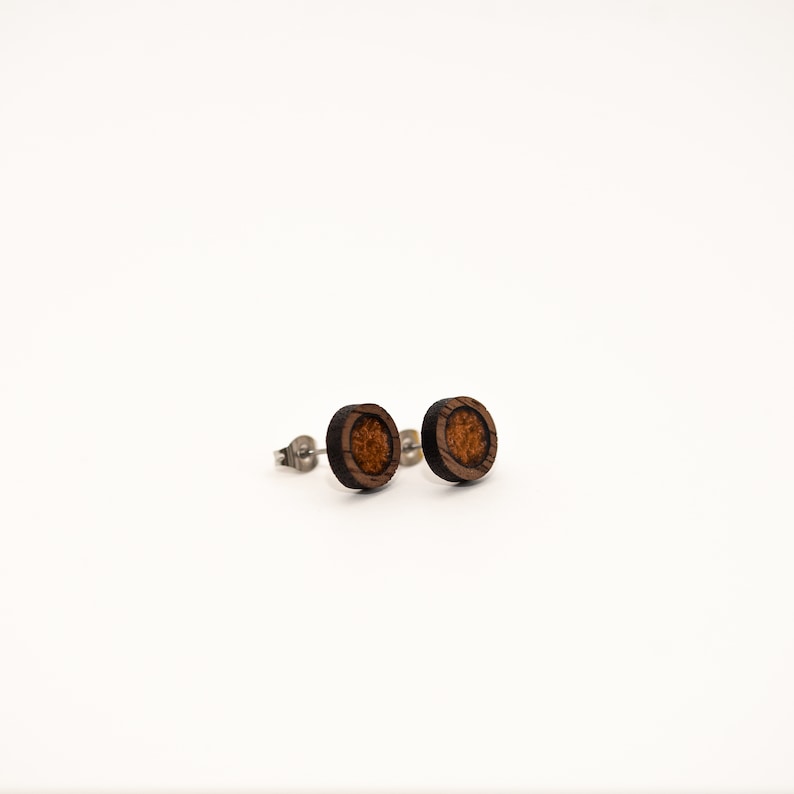 May include: A pair of round wooden earrings with a dark brown outer ring and a lighter brown center. The earrings have silver posts.