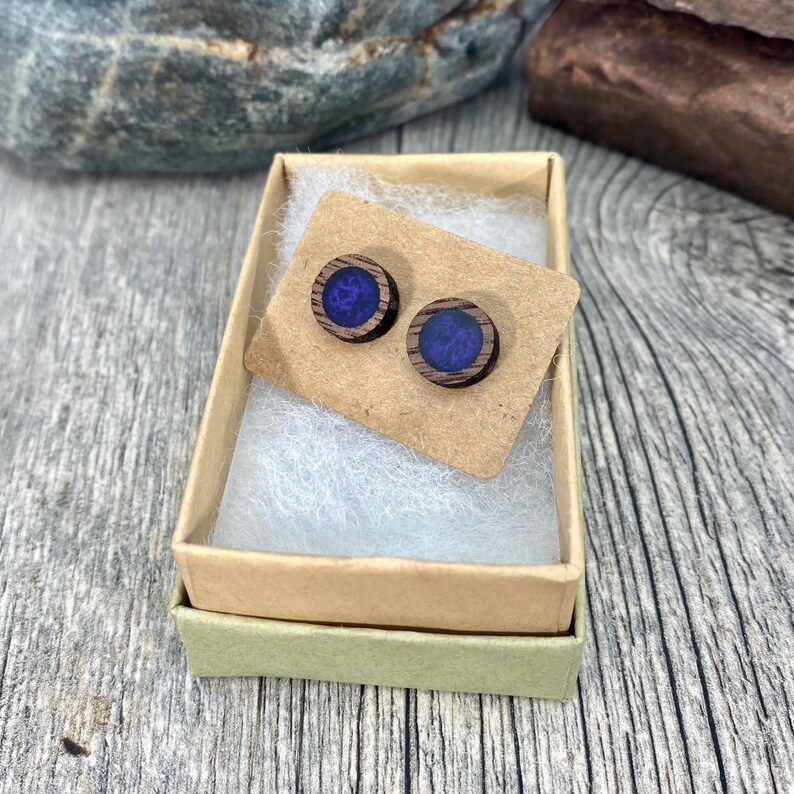 Purple and Dark Wood Stud Earrings Men's Purple Stud Etsy