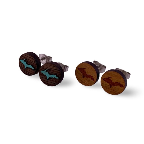 Wooden Stud Earrings, Michigan Upper Peninsula, Wood Stud Earrings, Yooper Earrings, U.P. Wood Earrings, U.P. Earrings, Marquette Michigan