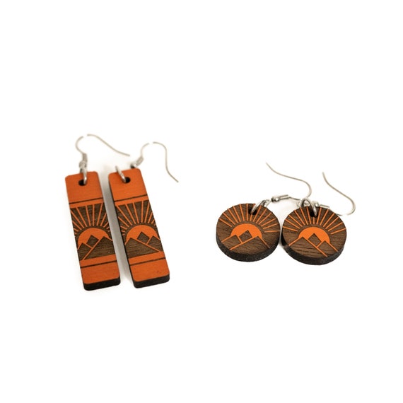 Sunrise Over Mountains Painted Wood Dangle Earrings , Burnt Orange Wood, Mountain Wood Earrings, Women's Dangles, Wood Earrings Dangling