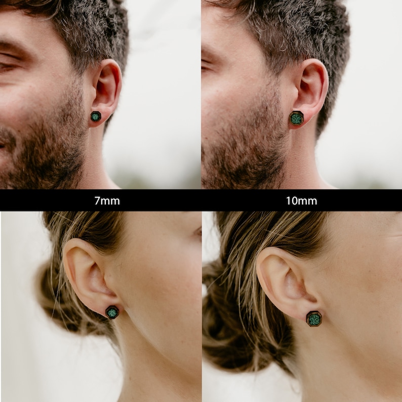 May include: Three close-up images of a person's ear with a small green and black stud earring. The earrings are shown in three different sizes: 7mm, 10mm, and 7mm.