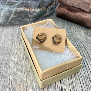 Pu&ograve; includere: Un paio di orecchini rotondi in legno con un motivo a strisce marroni e nere, presentati in una piccola scatola di cartone con carta velina bianca.
