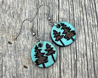 Teal Tree Wood Dangle Earrings