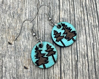 Teal Tree Wood Dangle Earrings, Earrings for Women, women’s Turquoise earrings, Tree design Dangles, Women's Dangles, Wood Earrings Dangling